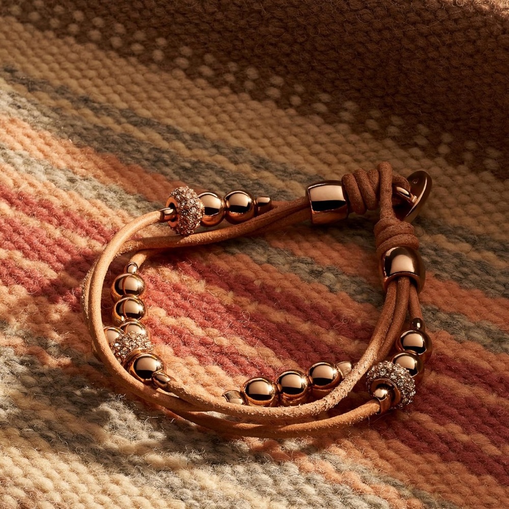 NWT Fossil Rose Gold Glitz Stainless Steel and Genuine Leather Bracelet